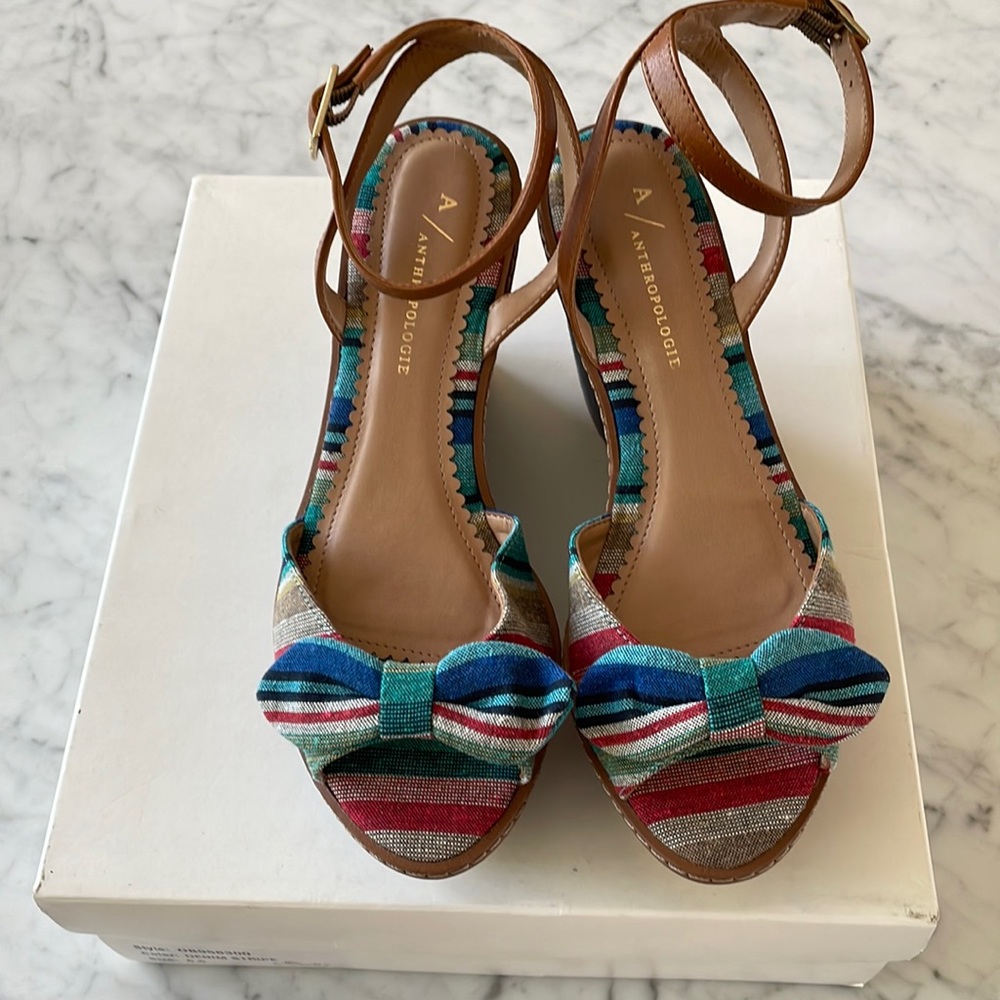 Anthropologie denim and serape stripe platform ankle strap shoes size 6.5 NIB